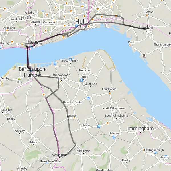 Map miniature of "Hull and Humber Highlights" cycling inspiration in East Yorkshire and Northern Lincolnshire, United Kingdom. Generated by Tarmacs.app cycling route planner