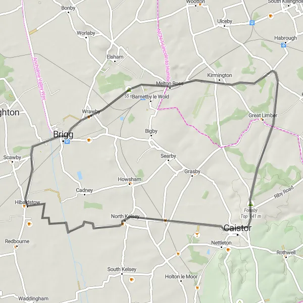 Map miniature of "Hibaldstow to Caistor Loop" cycling inspiration in East Yorkshire and Northern Lincolnshire, United Kingdom. Generated by Tarmacs.app cycling route planner