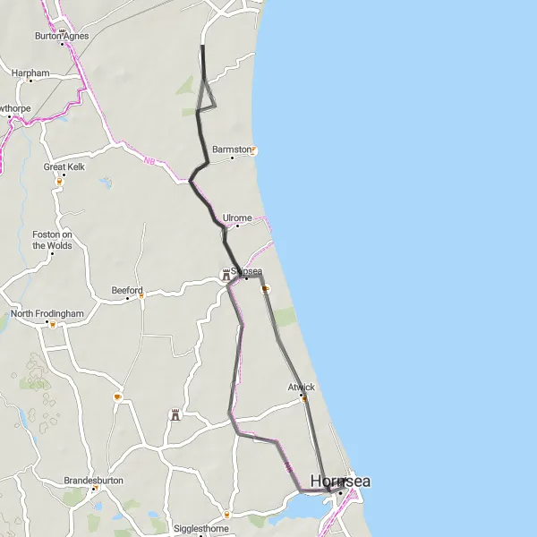 Map miniature of "Hornsea to Bewholme Round-Trip" cycling inspiration in East Yorkshire and Northern Lincolnshire, United Kingdom. Generated by Tarmacs.app cycling route planner