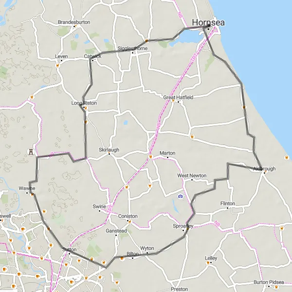 Map miniature of "Hornsea to Sigglesthorne Round-Trip" cycling inspiration in East Yorkshire and Northern Lincolnshire, United Kingdom. Generated by Tarmacs.app cycling route planner