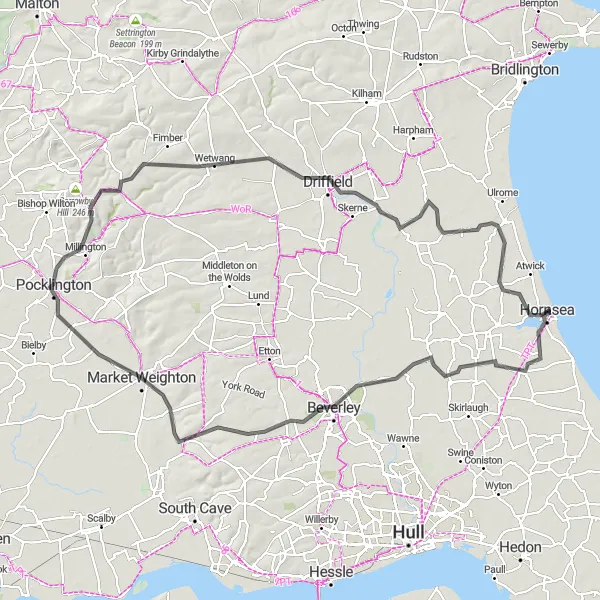 Map miniature of "Hornsea to Skipsea Return Round-Trip" cycling inspiration in East Yorkshire and Northern Lincolnshire, United Kingdom. Generated by Tarmacs.app cycling route planner