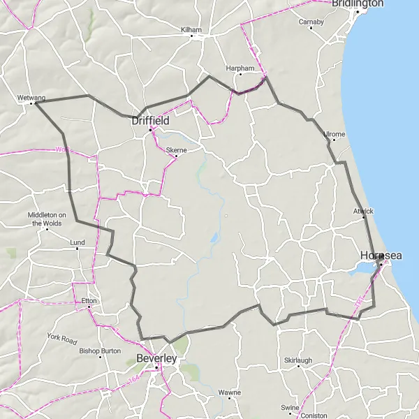 Map miniature of "East Yorkshire Coastal Loop" cycling inspiration in East Yorkshire and Northern Lincolnshire, United Kingdom. Generated by Tarmacs.app cycling route planner