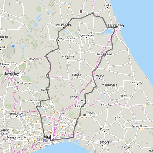 Map miniature of "Hull and Coastal Delights" cycling inspiration in East Yorkshire and Northern Lincolnshire, United Kingdom. Generated by Tarmacs.app cycling route planner
