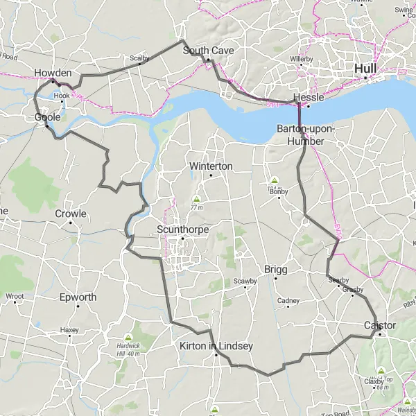 Map miniature of "Challenging Lincolnshire Road Ride" cycling inspiration in East Yorkshire and Northern Lincolnshire, United Kingdom. Generated by Tarmacs.app cycling route planner