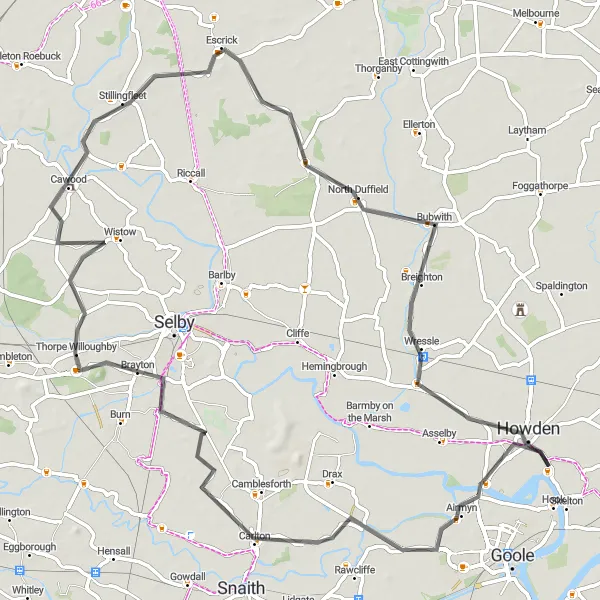 Map miniature of "The Wolds Ride" cycling inspiration in East Yorkshire and Northern Lincolnshire, United Kingdom. Generated by Tarmacs.app cycling route planner