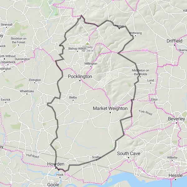 Map miniature of "Wolds and Moors Loop" cycling inspiration in East Yorkshire and Northern Lincolnshire, United Kingdom. Generated by Tarmacs.app cycling route planner