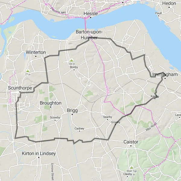 Map miniature of "Immingham to Barton-upon-Humber Loop" cycling inspiration in East Yorkshire and Northern Lincolnshire, United Kingdom. Generated by Tarmacs.app cycling route planner