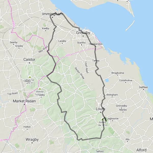 Map miniature of "Immingham to Binbrook Loop (Road)" cycling inspiration in East Yorkshire and Northern Lincolnshire, United Kingdom. Generated by Tarmacs.app cycling route planner