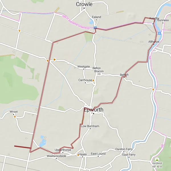 Map miniature of "Epworth Gravel Loop" cycling inspiration in East Yorkshire and Northern Lincolnshire, United Kingdom. Generated by Tarmacs.app cycling route planner