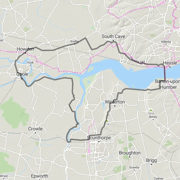 Map miniature of "Winterton and Goole Loop" cycling inspiration in East Yorkshire and Northern Lincolnshire, United Kingdom. Generated by Tarmacs.app cycling route planner