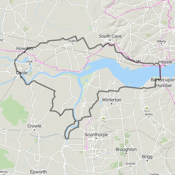 Map miniature of "The Humber Bridge and Beyond" cycling inspiration in East Yorkshire and Northern Lincolnshire, United Kingdom. Generated by Tarmacs.app cycling route planner