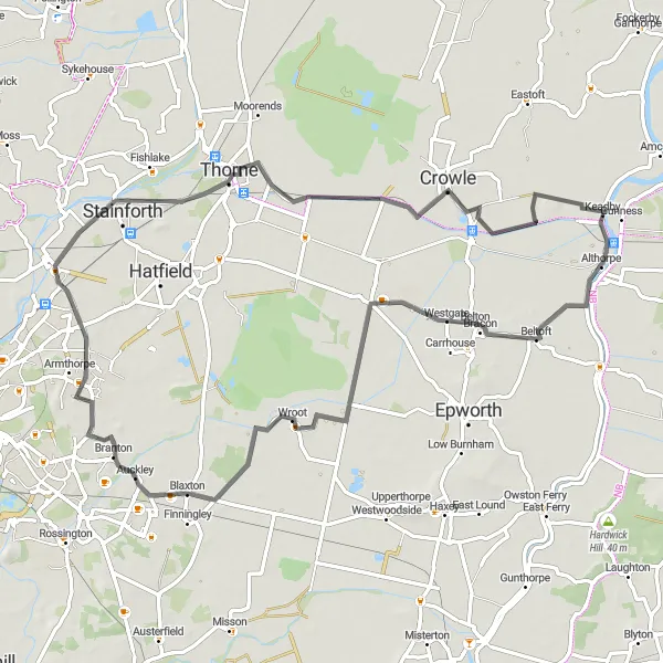 Map miniature of "The Navigation Road Loop" cycling inspiration in East Yorkshire and Northern Lincolnshire, United Kingdom. Generated by Tarmacs.app cycling route planner