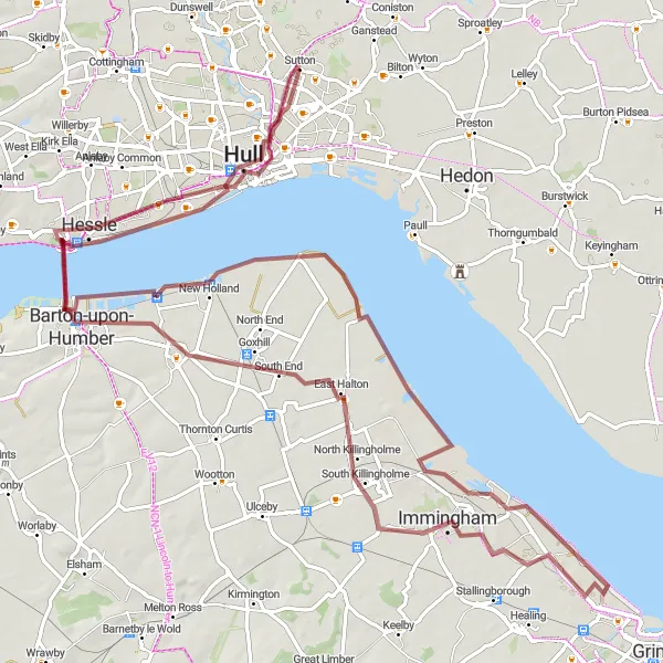 Map miniature of "Gravel Adventure: Humber Bridge to Hull" cycling inspiration in East Yorkshire and Northern Lincolnshire, United Kingdom. Generated by Tarmacs.app cycling route planner