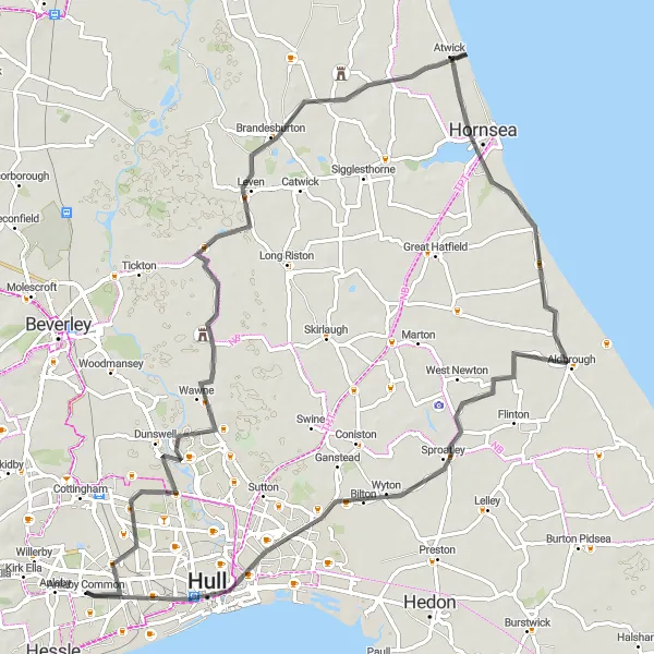 Map miniature of "Rural Escape to Hornsea" cycling inspiration in East Yorkshire and Northern Lincolnshire, United Kingdom. Generated by Tarmacs.app cycling route planner