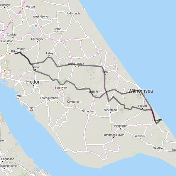 Map miniature of "Burstwick to Burton Pidsea" cycling inspiration in East Yorkshire and Northern Lincolnshire, United Kingdom. Generated by Tarmacs.app cycling route planner