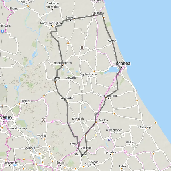 Map miniature of "The Brandesburton Loop" cycling inspiration in East Yorkshire and Northern Lincolnshire, United Kingdom. Generated by Tarmacs.app cycling route planner
