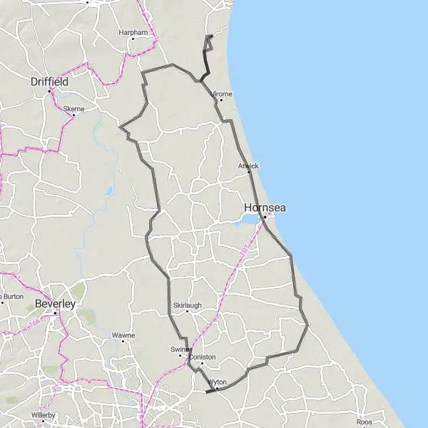 Map miniature of "North Frodingham to Sproatley" cycling inspiration in East Yorkshire and Northern Lincolnshire, United Kingdom. Generated by Tarmacs.app cycling route planner