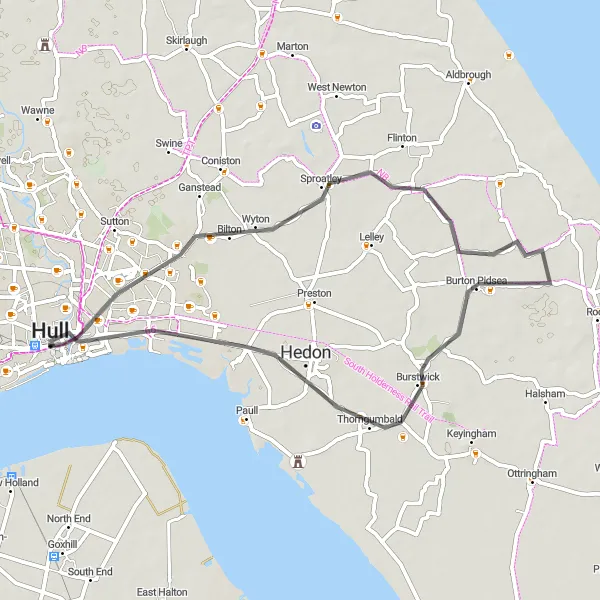 Map miniature of "The Hedon Explorer" cycling inspiration in East Yorkshire and Northern Lincolnshire, United Kingdom. Generated by Tarmacs.app cycling route planner