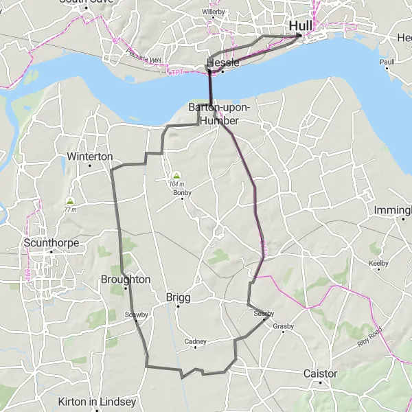 Map miniature of "Humber Bridge to Hull" cycling inspiration in East Yorkshire and Northern Lincolnshire, United Kingdom. Generated by Tarmacs.app cycling route planner