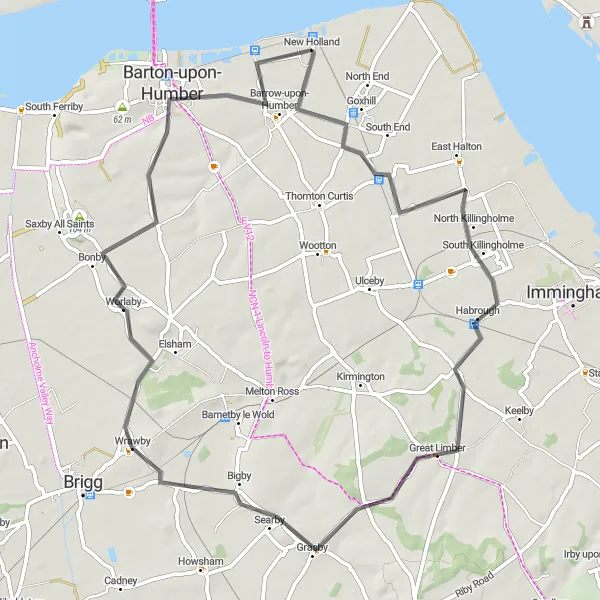 Map miniature of "South Killingholme to Barrow Haven" cycling inspiration in East Yorkshire and Northern Lincolnshire, United Kingdom. Generated by Tarmacs.app cycling route planner