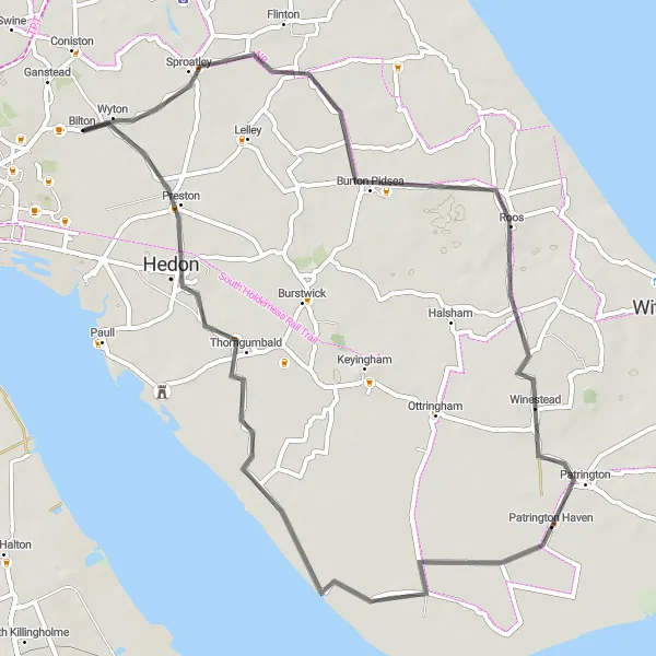 Map miniature of "The Sproatley Circuit" cycling inspiration in East Yorkshire and Northern Lincolnshire, United Kingdom. Generated by Tarmacs.app cycling route planner