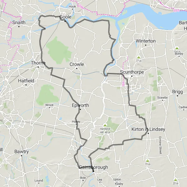 Map miniature of "The Haxey Hundred" cycling inspiration in East Yorkshire and Northern Lincolnshire, United Kingdom. Generated by Tarmacs.app cycling route planner