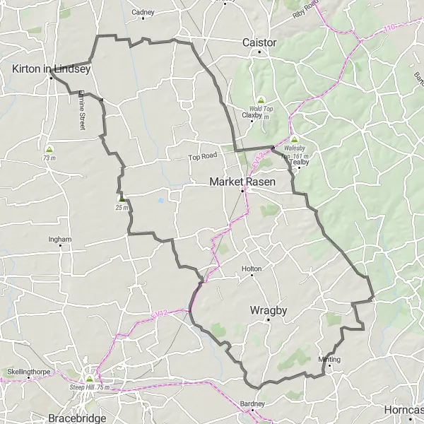 Map miniature of "The Wolds and Beyond" cycling inspiration in East Yorkshire and Northern Lincolnshire, United Kingdom. Generated by Tarmacs.app cycling route planner