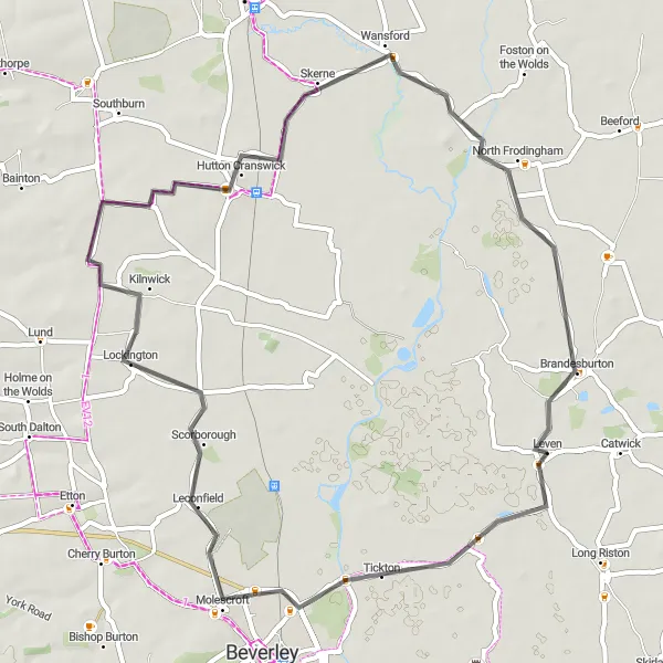 Map miniature of "Leven and Brandesburton Loop" cycling inspiration in East Yorkshire and Northern Lincolnshire, United Kingdom. Generated by Tarmacs.app cycling route planner