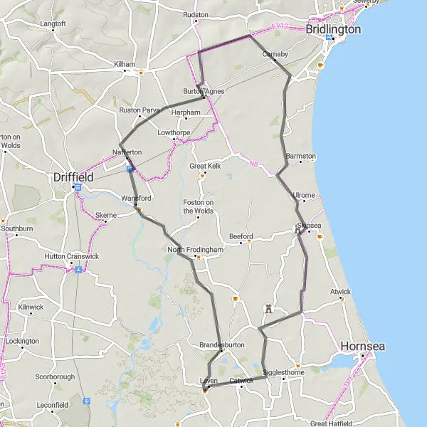 Map miniature of "Wolds Explorer" cycling inspiration in East Yorkshire and Northern Lincolnshire, United Kingdom. Generated by Tarmacs.app cycling route planner