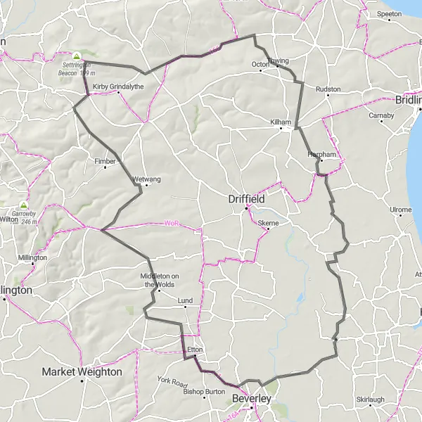Map miniature of "Wolds Grand Tour" cycling inspiration in East Yorkshire and Northern Lincolnshire, United Kingdom. Generated by Tarmacs.app cycling route planner