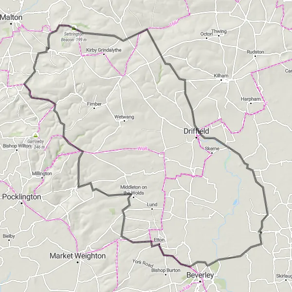 Map miniature of "The Wolds Adventure" cycling inspiration in East Yorkshire and Northern Lincolnshire, United Kingdom. Generated by Tarmacs.app cycling route planner