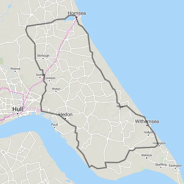 Map miniature of "Hornsea and Ganstead Circuit" cycling inspiration in East Yorkshire and Northern Lincolnshire, United Kingdom. Generated by Tarmacs.app cycling route planner