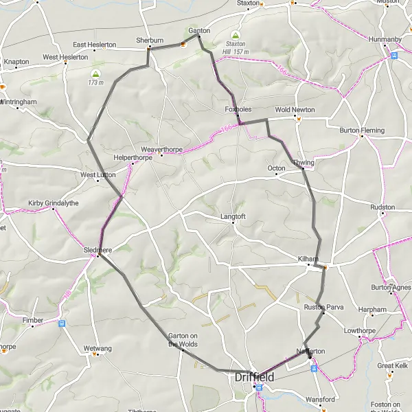 Map miniature of "Rolling Hills and Charming Villages" cycling inspiration in East Yorkshire and Northern Lincolnshire, United Kingdom. Generated by Tarmacs.app cycling route planner