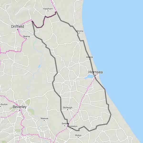 Map miniature of "Nafferton to Hornsea Loop" cycling inspiration in East Yorkshire and Northern Lincolnshire, United Kingdom. Generated by Tarmacs.app cycling route planner