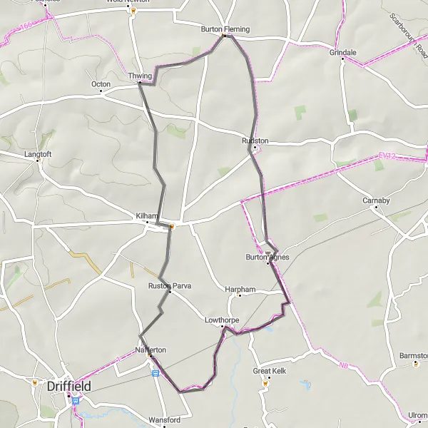 Map miniature of "Nafferton to Burton Agnes Loop" cycling inspiration in East Yorkshire and Northern Lincolnshire, United Kingdom. Generated by Tarmacs.app cycling route planner