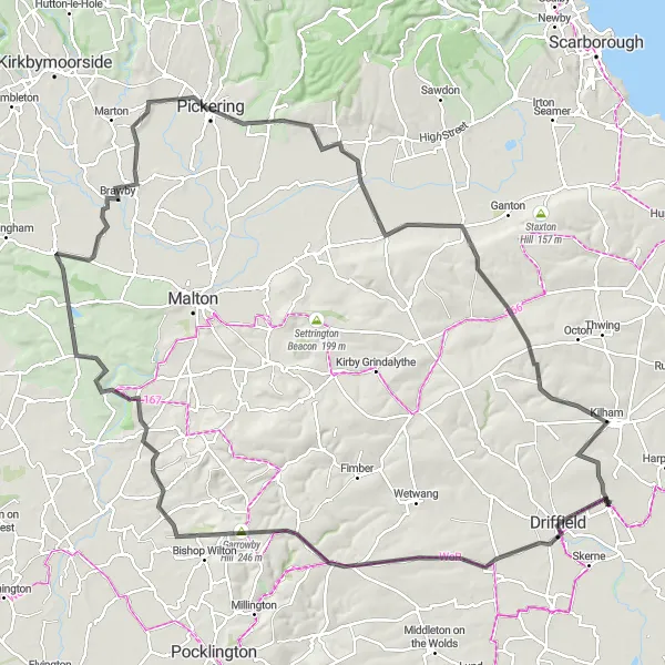 Map miniature of "Nafferton to Pickering Loop" cycling inspiration in East Yorkshire and Northern Lincolnshire, United Kingdom. Generated by Tarmacs.app cycling route planner