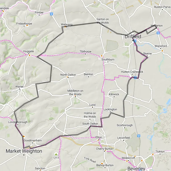 Map miniature of "Discovering the Yorkshire Wolds" cycling inspiration in East Yorkshire and Northern Lincolnshire, United Kingdom. Generated by Tarmacs.app cycling route planner