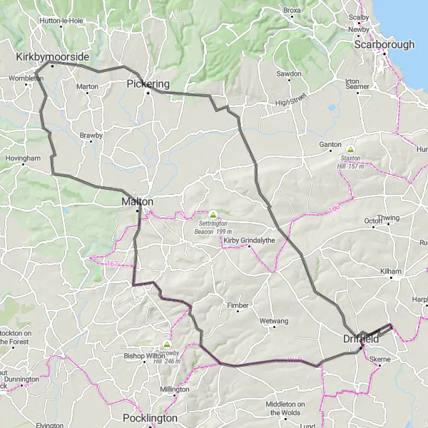 Map miniature of "The Yorkshire Hills Challenge" cycling inspiration in East Yorkshire and Northern Lincolnshire, United Kingdom. Generated by Tarmacs.app cycling route planner