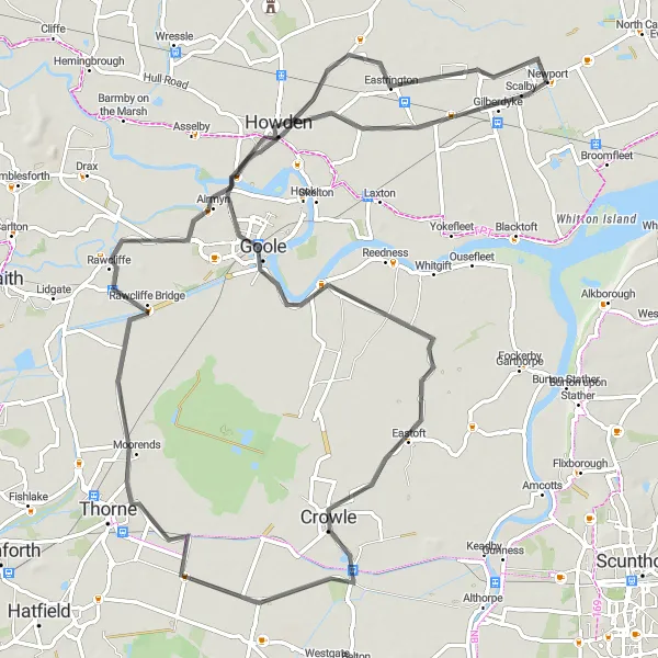 Map miniature of "Eastrington Ride" cycling inspiration in East Yorkshire and Northern Lincolnshire, United Kingdom. Generated by Tarmacs.app cycling route planner