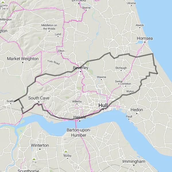 Map miniature of "The East Yorkshire Adventure" cycling inspiration in East Yorkshire and Northern Lincolnshire, United Kingdom. Generated by Tarmacs.app cycling route planner