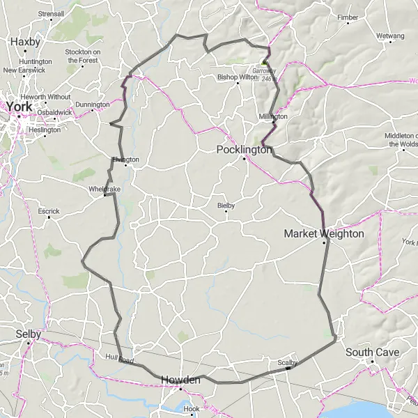 Map miniature of "Hills and Valleys" cycling inspiration in East Yorkshire and Northern Lincolnshire, United Kingdom. Generated by Tarmacs.app cycling route planner