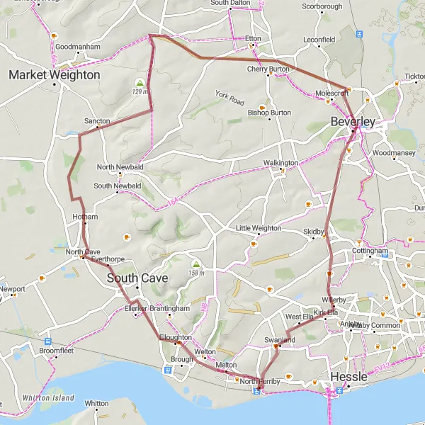 Map miniature of "The Gravel Valley" cycling inspiration in East Yorkshire and Northern Lincolnshire, United Kingdom. Generated by Tarmacs.app cycling route planner