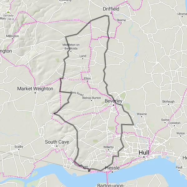 Map miniature of "The Wolds Explorer" cycling inspiration in East Yorkshire and Northern Lincolnshire, United Kingdom. Generated by Tarmacs.app cycling route planner