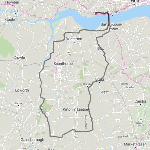 Map miniature of "Countryside Delight and Historic Towns" cycling inspiration in East Yorkshire and Northern Lincolnshire, United Kingdom. Generated by Tarmacs.app cycling route planner