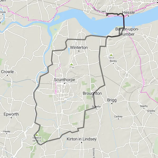 Map miniature of "Rolling Hills and Historic Villages" cycling inspiration in East Yorkshire and Northern Lincolnshire, United Kingdom. Generated by Tarmacs.app cycling route planner