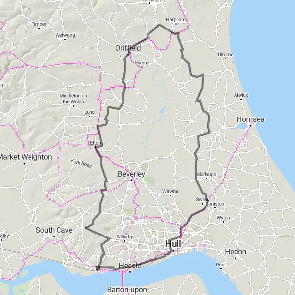 Map miniature of "Scenic Villages and Cultural Heritage" cycling inspiration in East Yorkshire and Northern Lincolnshire, United Kingdom. Generated by Tarmacs.app cycling route planner