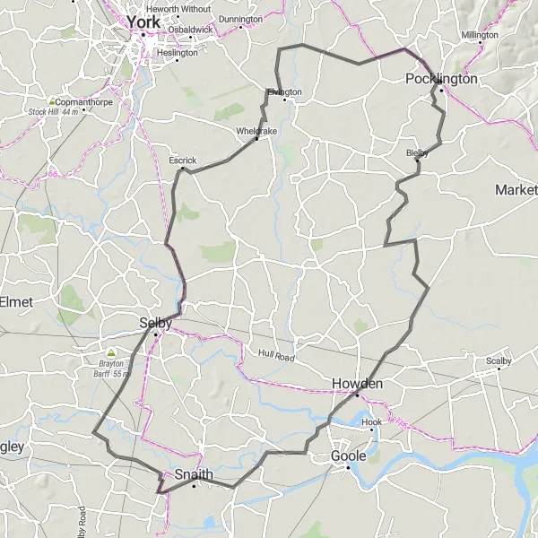 Map miniature of "Exploring the Yorkshire Wolds" cycling inspiration in East Yorkshire and Northern Lincolnshire, United Kingdom. Generated by Tarmacs.app cycling route planner