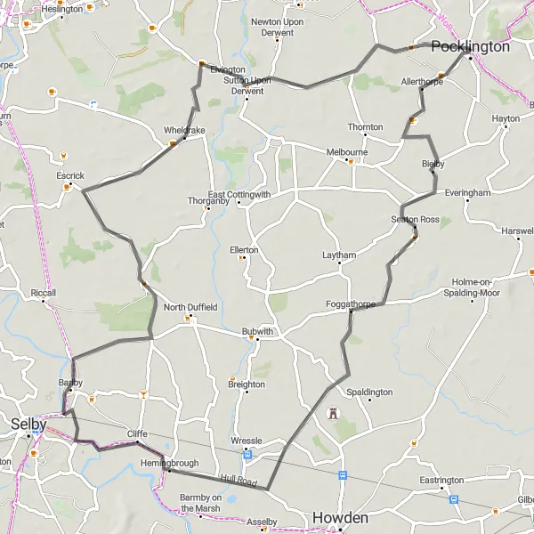 Map miniature of "Pocklington and Surroundings" cycling inspiration in East Yorkshire and Northern Lincolnshire, United Kingdom. Generated by Tarmacs.app cycling route planner