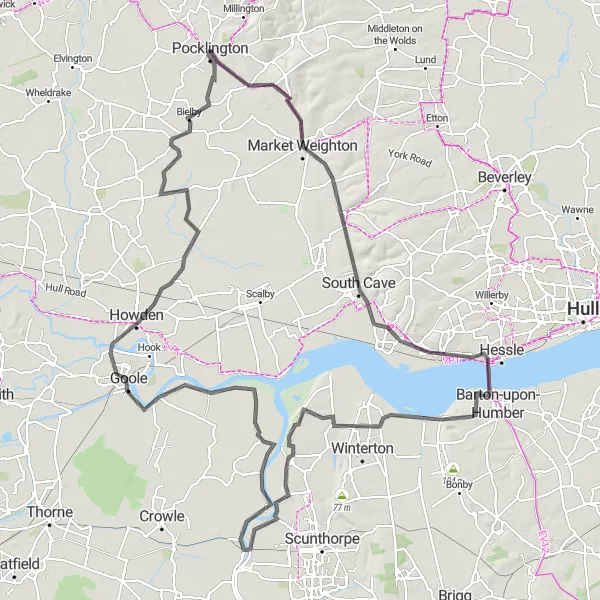 Map miniature of "Bridges and Vistas" cycling inspiration in East Yorkshire and Northern Lincolnshire, United Kingdom. Generated by Tarmacs.app cycling route planner