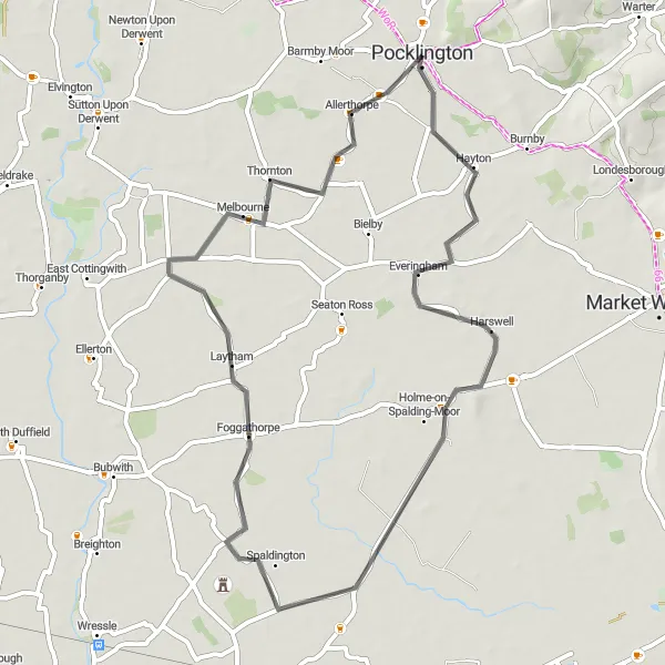 Map miniature of "Pocklington and Surrounding Villages" cycling inspiration in East Yorkshire and Northern Lincolnshire, United Kingdom. Generated by Tarmacs.app cycling route planner